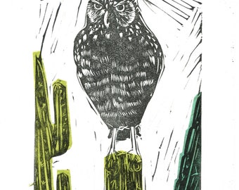 Owl Cacti Linocut Print| Southwestern desert style print | Eclectic Aesthetic |Boho interior wall art print