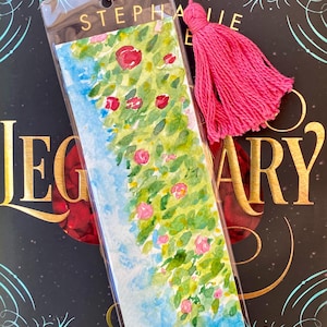 Bookmark, hand painted watercolor bookmark, flower scene, floral bookmark, tassel bookmark, original art bookmark