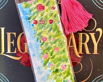 Hand Painted Watercolor Bookmark: Floral Scene with Tassel