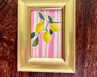 Mini Lemon Gouache Painting, Original Lemon Art, Small Fruit Painting, Pink Striped Background, Citrus Artwork, Tiny Kitchen Art, ACEO