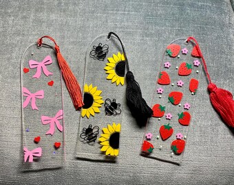 Acrylic Bookmark with Tassels, Cute Clear Bookmark, Sunflower, Bows, Heart, Berries, Book Accessories, Reader Gift Ideas, Page Saver Whimsy