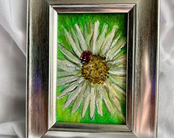 Mini Daisy Painting with Ladybug, Original Floral Art, Small Flower Painting, Tiny Botanical Artwork, Nature Mini Art, ACEO Artwork