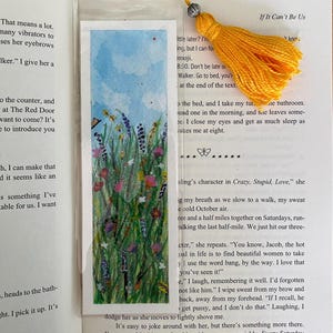 Bookmark, hand painted watercolor bookmark, flower scene, flower field, tassel bookmark, gift for reader, original art, teacher gift