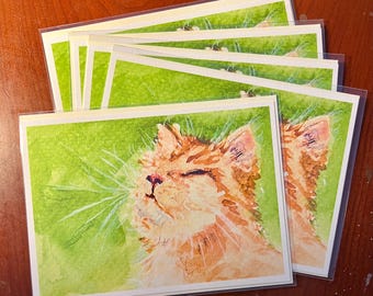 Whimsical Cat Art Print – Colorful Watercolor Animal Wall Art, Nature Illustration, Orange Kitty Cottagecore Decor, Cute 5x7 Art Print