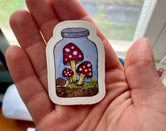 Mushroom Sticker, Terrarium Decal, Cute Painted Original Art Sticker, Gift For Sticker Lover, Nature/Kawaii Gift Idea, Decal for Kindle