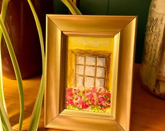 ACEO Watercolor Window and Flower Box, Art Mini of A Window, Small Original Art 2.5X3.5, Art Painting Original, Wall Decor Painting
