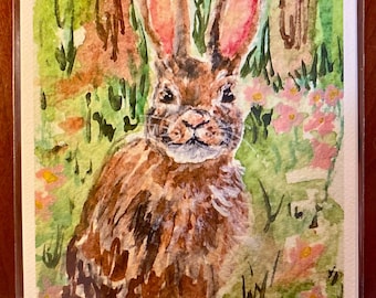 Bunny in Nature Watercolor Art Print, Woodland Nature Forest Theme Artwork, Rabbit Wall Art, Home Decor Wall Decor, Original Animal Painting