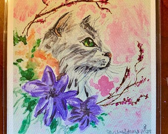 Watercolor Cat Print - Hand-Painted Floral Cat Art - Beautiful Cat Portrait with Flowers - 4x4 Watercolor Print