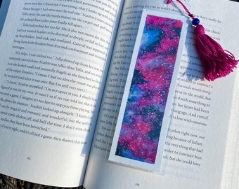 Hand Painted Watercolor Bookmark: Night Sky Galaxy with Tassel, Original Artwork Bookmark, Handmade Tassel and Painting, Gift for Book Lover