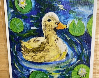 Whimsical Duck in Lily Pond Art Print – Colorful Gouache Animal Wall Art, Nature Illustration, Cottagecore Decor, Cute 5x7 Art Print