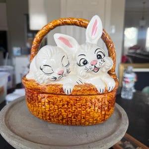 Vintage Bunny Basket Ceramic Candy Dish with Lid