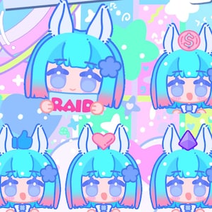Puede incluir: Un conjunto de cinco emoticonos digitales animados que muestran un personaje con cabello azul, puntas rosas y orejas de animal blancas. El personaje muestra varios iconos, incluyendo un cartel que dice RAID, un signo de dólar, un pulgar hacia arriba, un corazón y una gema morada.