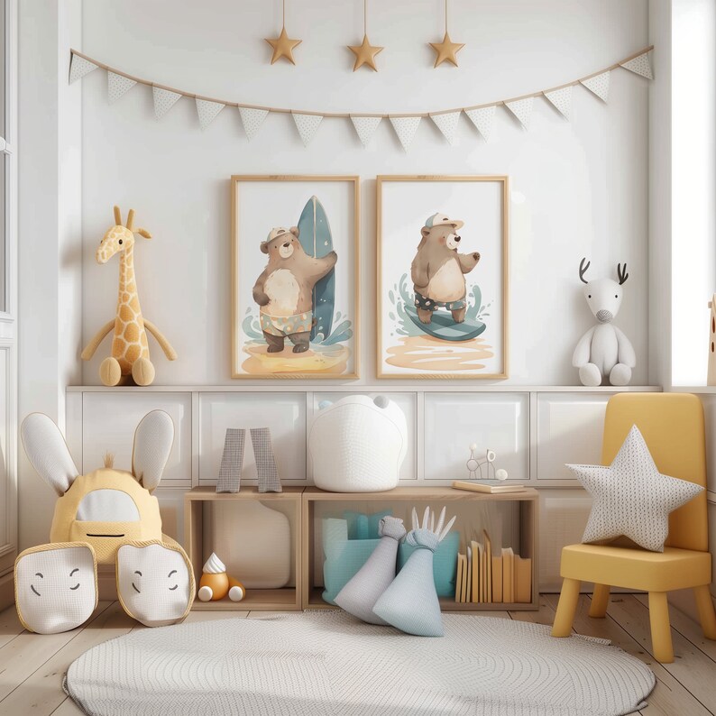 Cute Bear Surfing Nursery Digital Wall Art Print, Kids Room Wall Decor
