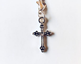 Cross zipper charm, clip on charm for zipper pull, double sided silver plated decoration