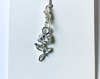 Rose zipper charm, clip on charm for zipper pull, double sided silver plated decoration