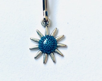 Flower Zipper Pull Charm: Antique Silver & Blue Enamel, Purse Charm