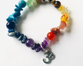 stretch bracelet Chakra bracelet with Ohm charm stretch bracelet with  7 colors of mixed synthetic and natural gemstones beads