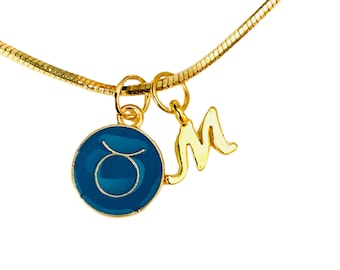 Taurus Zodiac Charm Necklace: Teal Enamel, 18K Gold Plated, Initial Charm