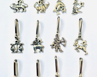 Zodiac Zipper Pull Charm: Antique Silver Birth Sign Clip