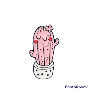 May include: A pink cactus with a flower on top and a white pot with black dots. The cactus has a smiling face and red cheeks.