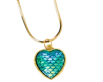 Dragon scale heart, valentine mermaid heart pendant iridescent  charm with antique gold back jewelry gift valentine gift