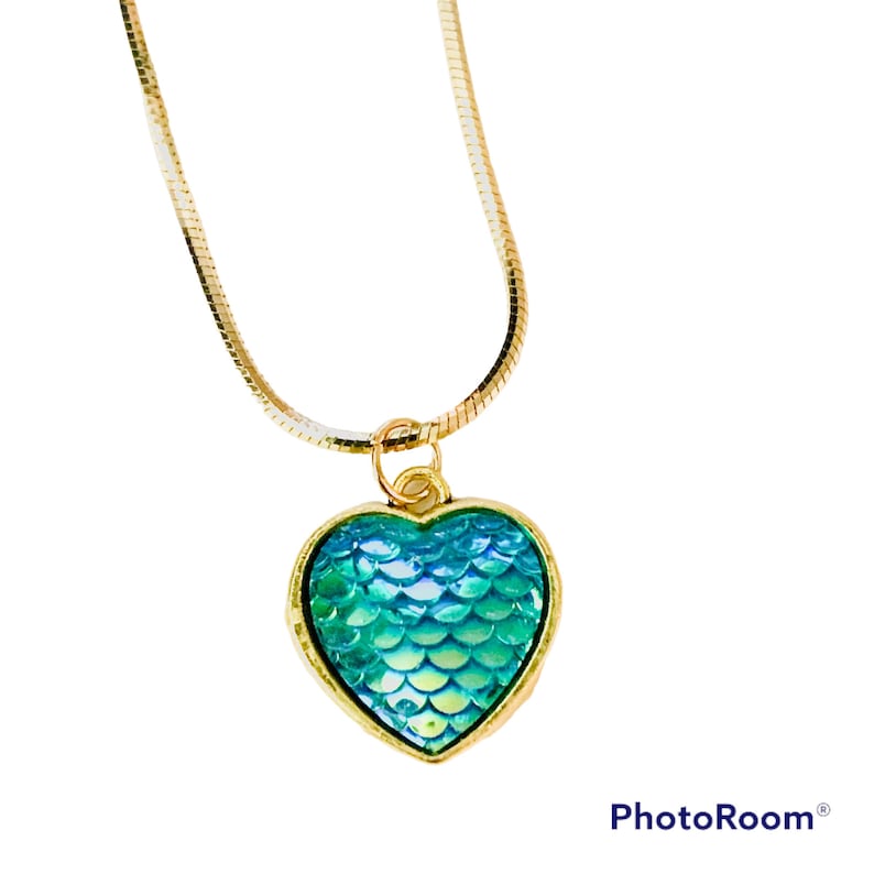 Dragon scale heart, valentine mermaid heart pendant iridescent charm with antique gold back jewelry gift valentine gift image 1