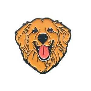 Puede incluir: Una cabeza de perro golden retriever con un contorno negro y una lengua rosa que sobresale. El perro sonríe con la boca abierta.