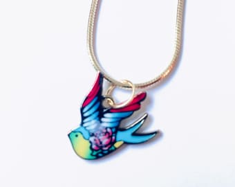 Bird pendant Colorful bird necklace with enamel bird charm yellow belly bird jewelry with 18K gold plated chain 18.5 inch chain with charm