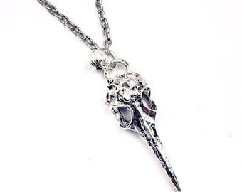 Silver Raven Skull Pendant: Stainless Steel Chain, Goth Bird Lover Gift