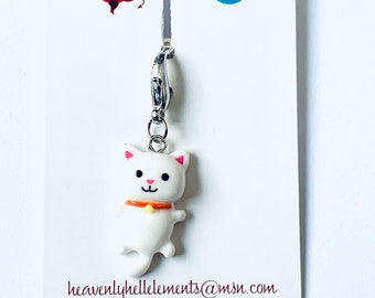 Cat zipper charm, clip on charm for zipper pull, white cat resin charm