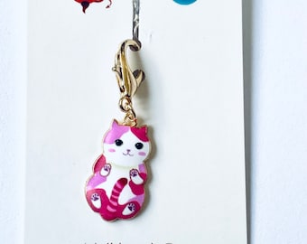 Pink Cat zipper charm, enamel clip on charm for zipper pull , gold plated with large clasp