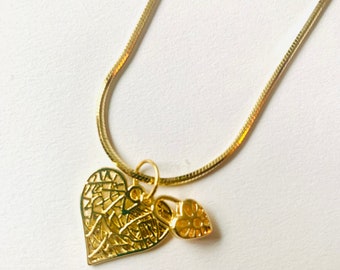 Gold heart and lock charm with filigree cut out gold plated charms and 18K gold plated chain 18.5 inch chain