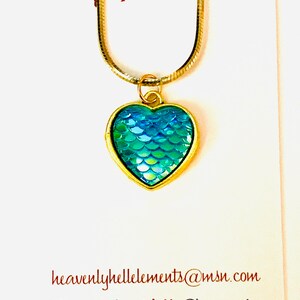 Dragon scale heart, valentine mermaid heart pendant iridescent charm with antique gold back jewelry gift valentine gift image 2