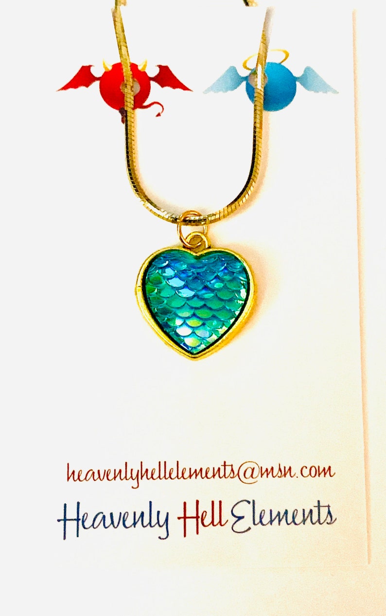 Dragon scale heart, valentine mermaid heart pendant iridescent charm with antique gold back jewelry gift valentine gift image 2