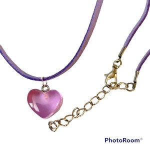 Fat heart pendant on cord, Valentine heart pendant, purple acrylic heart on purple suede like cord 17&quot; + extender chain