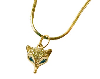 Gold fox pendant with clear rhinestones gold plated necklace fox face charm with 18K gold plated  chain 18.5 inch chain with charm