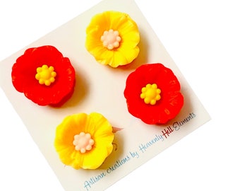 Harz Blumen Magnete: Rot & Gelb Büro Dekor, 4er Set
