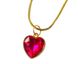 Pink heart pendant  hot pink heart charm faceted glass with gold plated charm and 18K gold plated chain 18.5 inch chain with charm