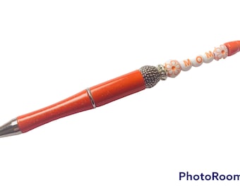 Mom pen, orange and white beaded pen, mothers day gift, handmade pen