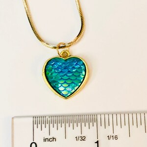 Dragon scale heart, valentine mermaid heart pendant iridescent charm with antique gold back jewelry gift valentine gift image 3