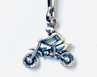Dirt bike zipper pull charm, antique silver bike rider charm, purse and backpack charm, gift for dirt bike lover