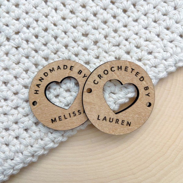 1.75" Personalized Heart Labels, Custom Crochet Tags, Crochet Labels Personalized, Tags for Handmade Items