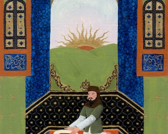 May include: A painting depicting a man kneeling in a room with a window overlooking a landscape. The man is wearing a green robe and a white turban. The window is arched and has a gold frame. The landscape is green and brown with a golden sun rising in the distance.