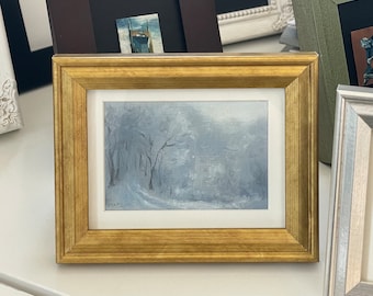 Mini Snowy Winter Landscape Painting in Gold Frame