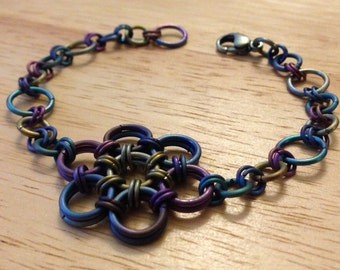 Titanium Rainbow Flower Chainmaille Bracelet