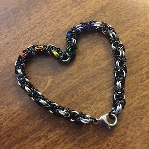 PRIDE - Rainbow, Black, and Silver Micromaille Bracelet, Chainmaille