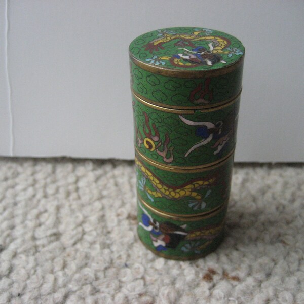 Nested brass containers Vintage cylindrical cloisonné jewelry or trinket box