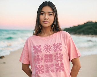 Hawaiian Quilt Pattern Blocks Flowers and Plants t-shirt (unisex fit), hawaiian quilt designs, tropical flowers shirt, tropical plants shirt