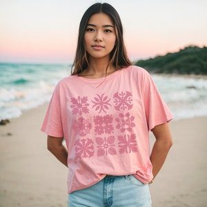 T-shirt Hawaiian Quilt Pattern Blocks Flowers and Plants (coupe unisexe), motifs de courtepointe hawaïenne, chemise à fleurs tropicales, chemise à plantes tropicales