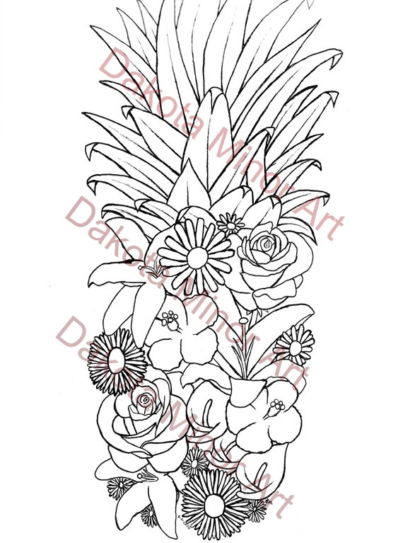 Digital Pineapple Coloring Page Hand Drawn Flowers Art Etsy